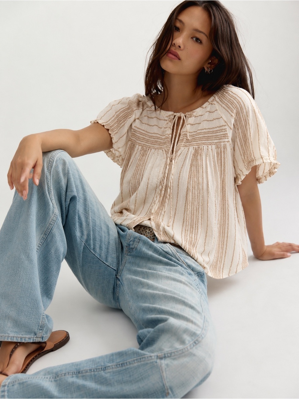Lovestitch Cream Textured Boho Peasant Blouse High Low Top L